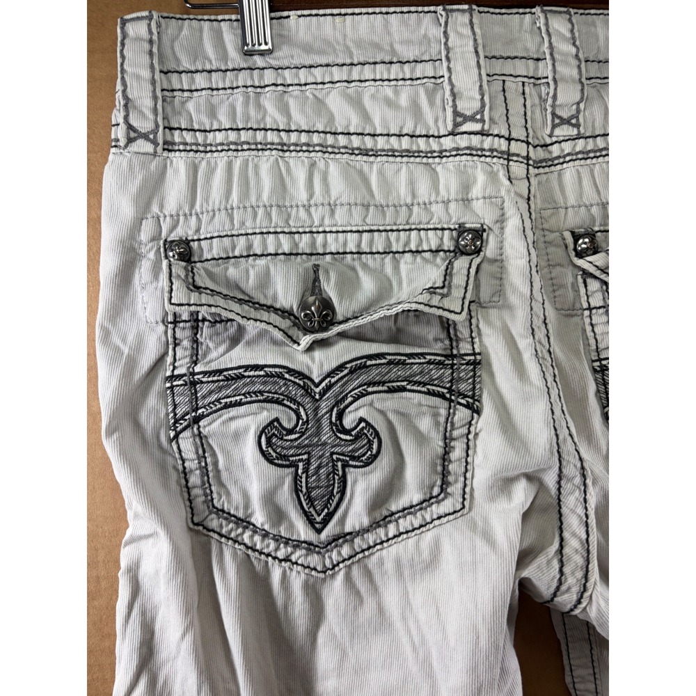 Rock Revival Corduroy Shorts Mens 32 Light Grey Slim Fit Heavy Stit Fleur-De-Lis - Picture 12 of 12